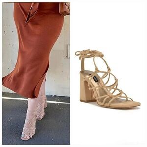 Nine West Glaven Square Toe Gladiator Faux Suede Lace Up Tan Sandals Size 11